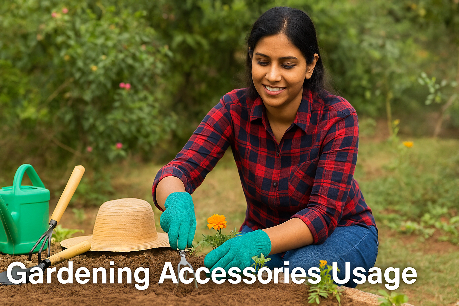 Indian woman using gardening gloves and hand tools while planting flowers, surrounded by essential gardening accessories like a watering can, trowel, and sunhat, showcasing proper gardening accessories usage